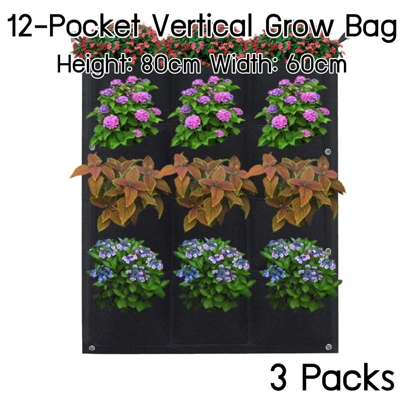 แพ็ค 3! 12-ช่อง ถุงปลูกต้นไม้ Pocket Grow Bag แบบแขวน (แนวตั้ง) สำหรับการปลูกต้นไม้ สูง 80cm กว้าง 60cm ใช้ได้ทั้งภายในและภายนอก 3 packs 12-Pockets Vertical Wall Garden Planter Grow Bag for Flower Vegetable for Indoor/Outdoor   Height 80cm Width 60cm