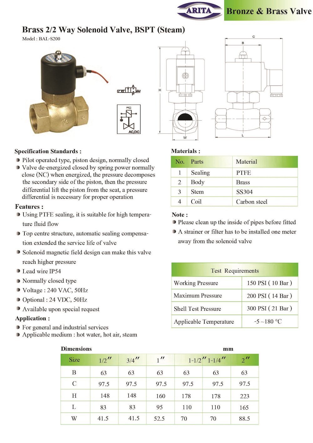 Arita Brass 2/2 Way Solenoid Valve BSPT (Steam)