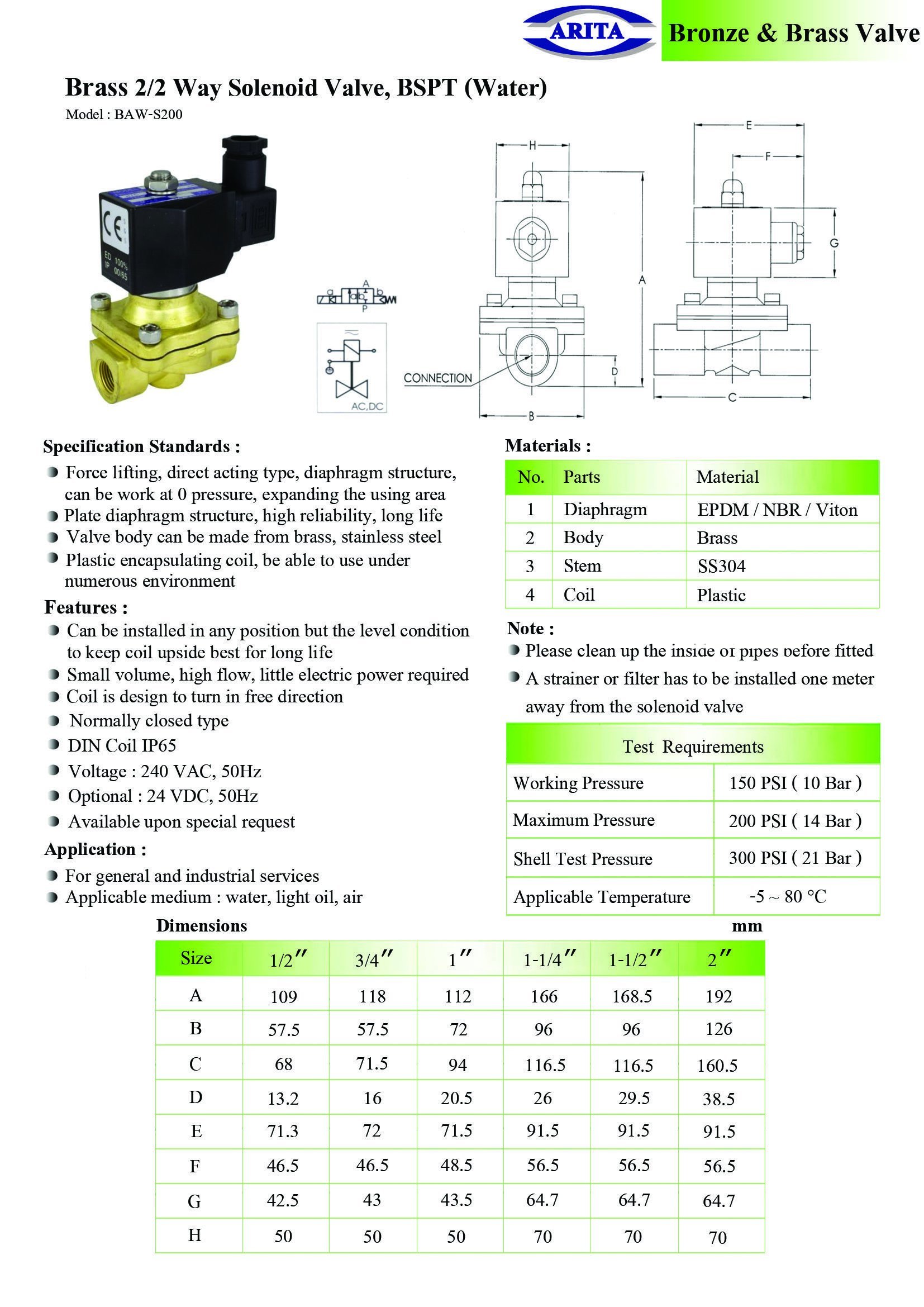 Arita Brass 2/2 Way Solenoid Valve, BSPT (Water)