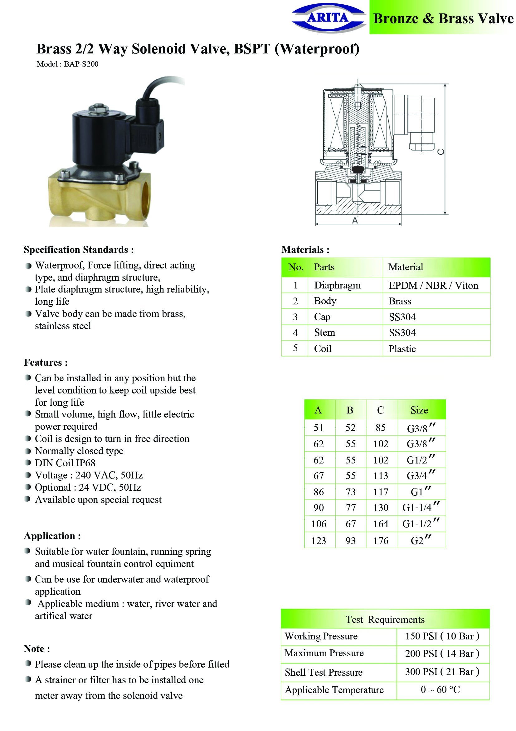 Arita Brass 2/2 Way Solenoid Valve, BSPT (Waterproof)