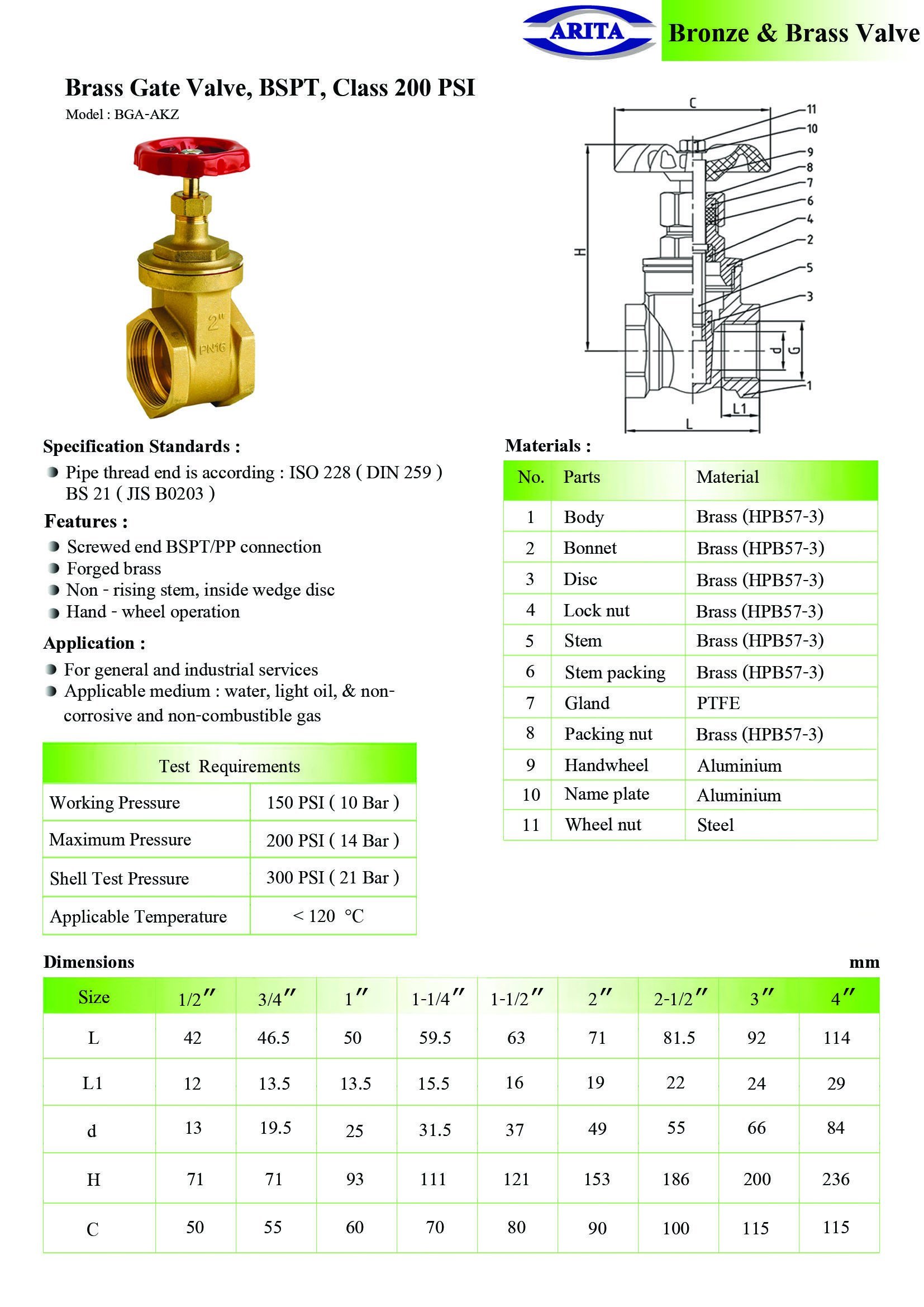 Arita Brass Gate Valve, BGA-AKZ, BSPT, Class 200 PSI