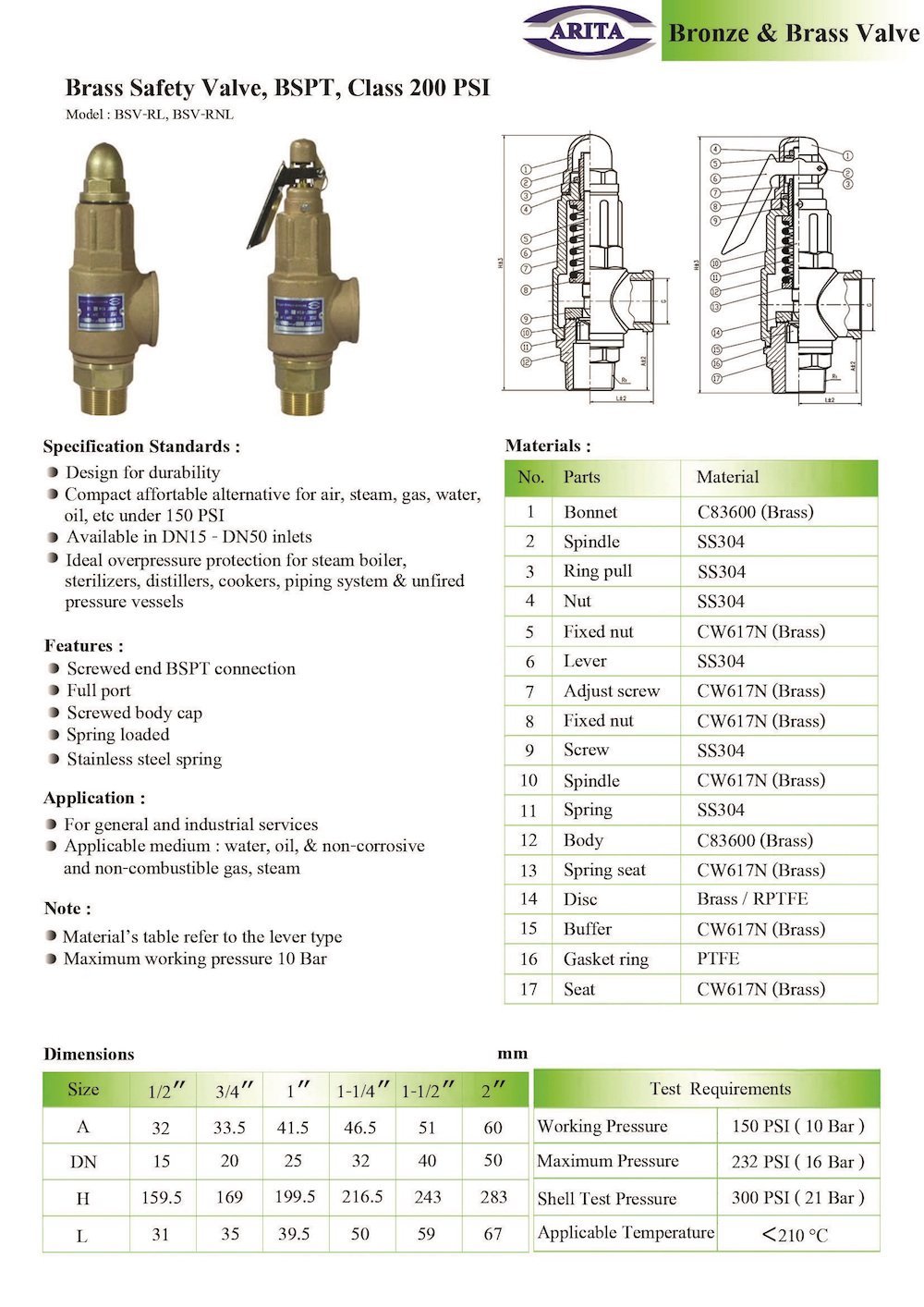 Arita Brass Safety Valve, BSPT, Class 200 PSI PTFE 210 °C