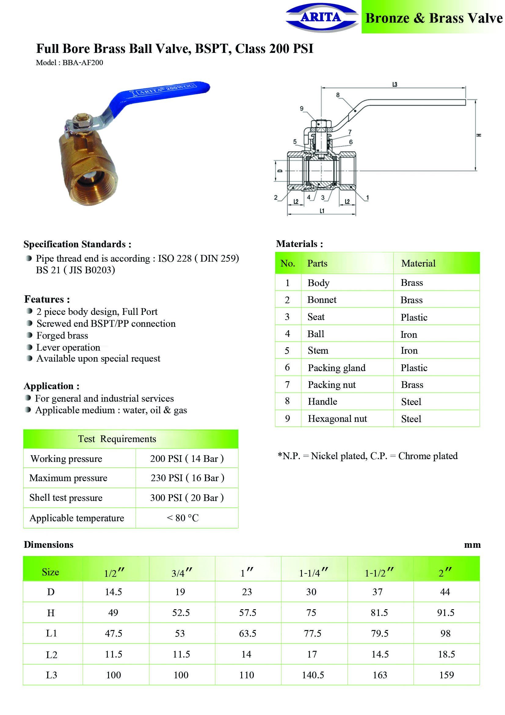 Arita Full Bore Brass Ball Valve, AF200, BSPT, Class 200 psi