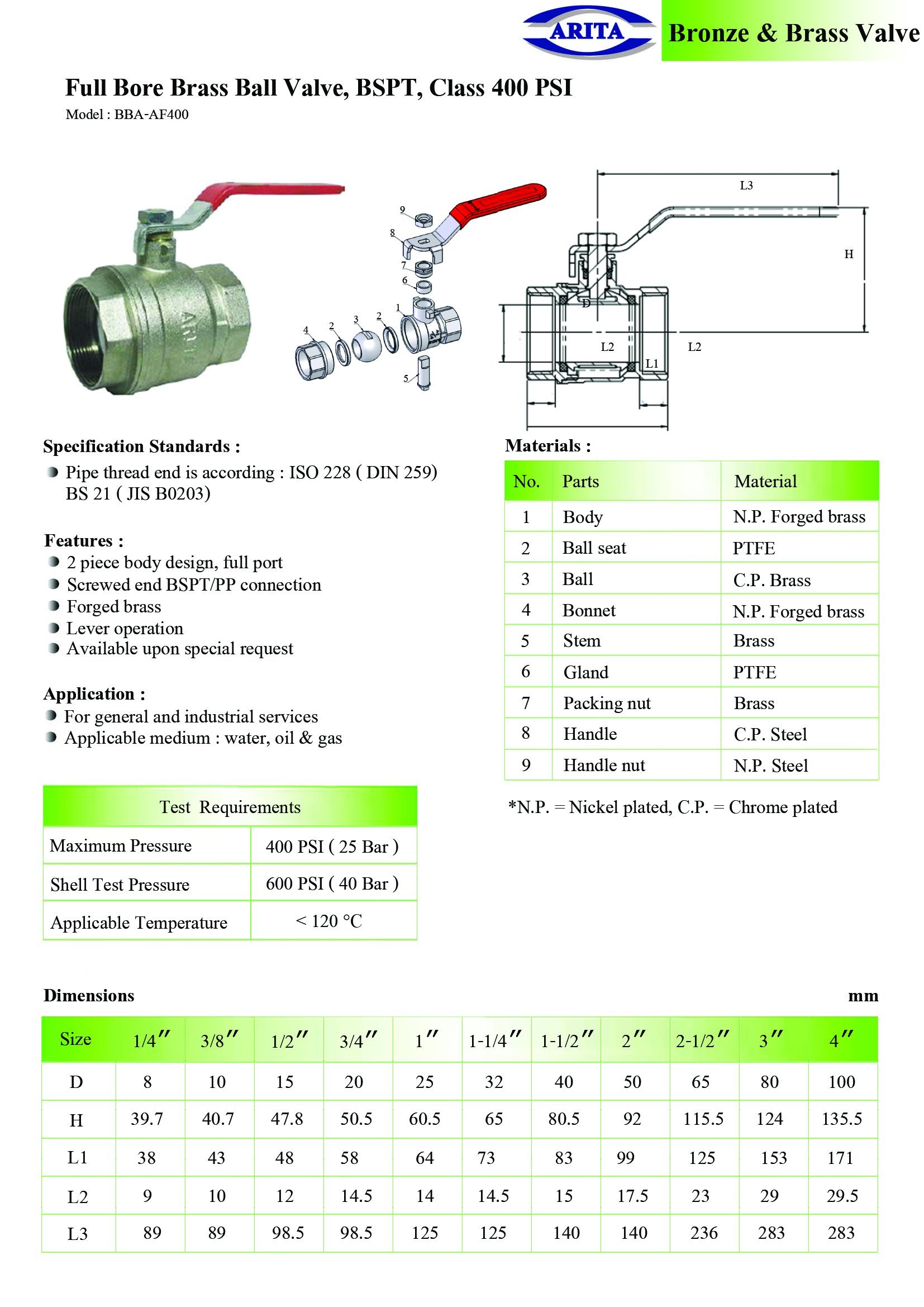 Arita Full Bore Brass Ball Valve, AF400, BSPT, Class 400 psi