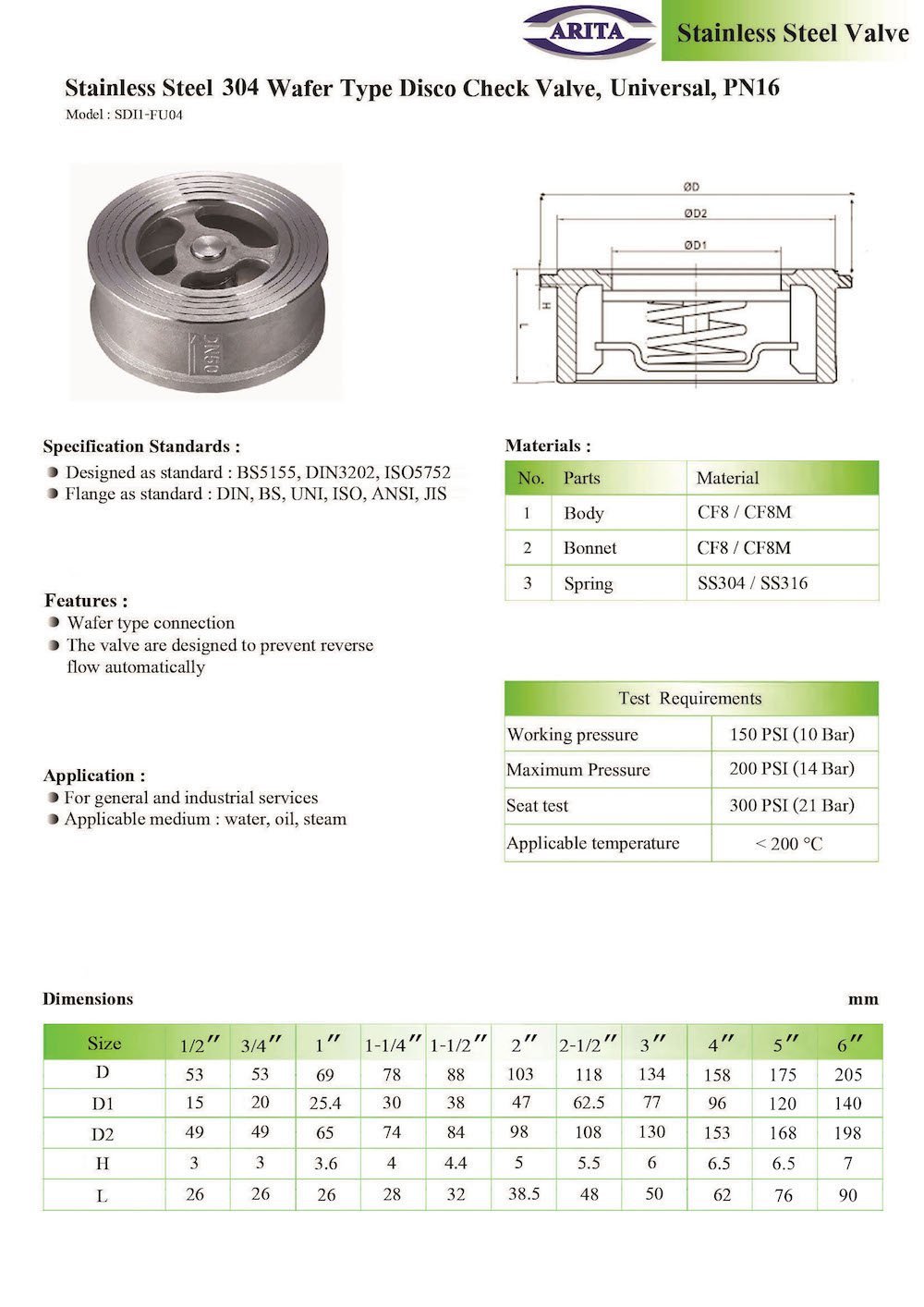 Arita Stainless Steel 304 Wafer Type Disc Check Valve, Universal, PN16
