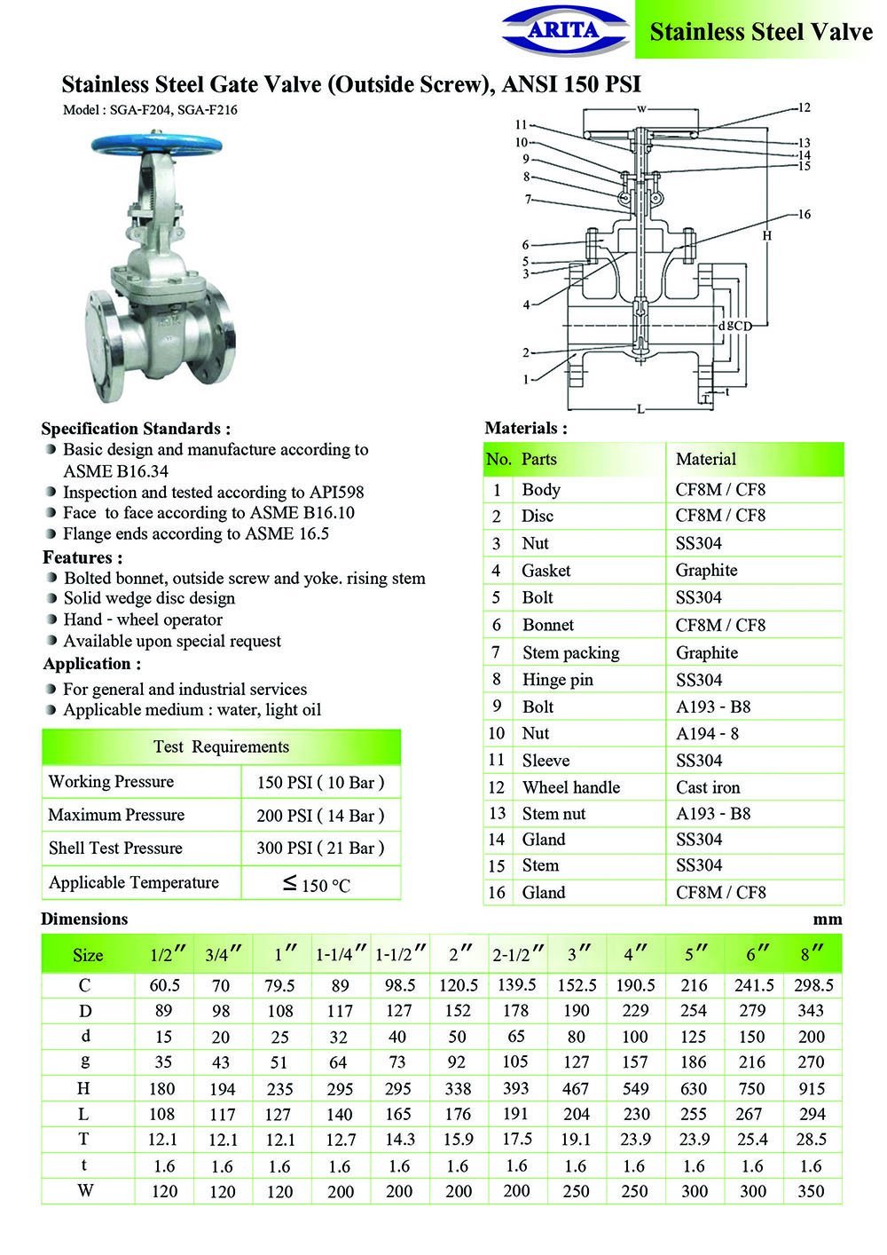 ARITA Stainless Steel Gate Valve (OS&Y), ANSI 150 PSI