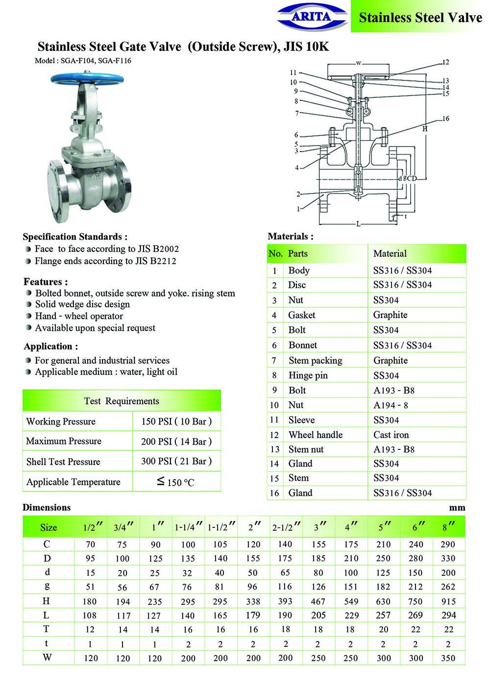 Arita Stainless Steel Gate Valve (OS&Y), JIS 10K