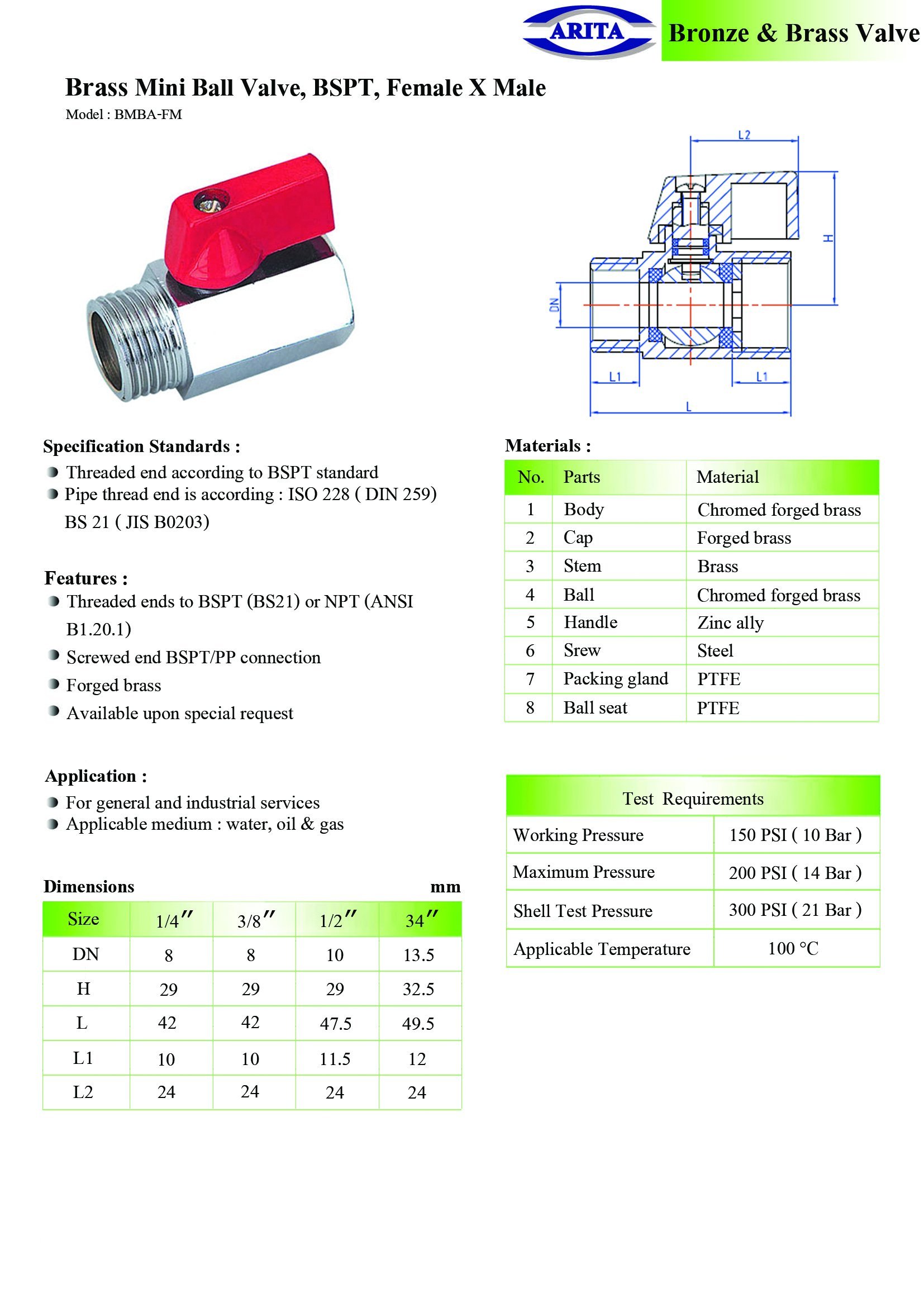 Arita Brass Mini Ball Valve, PN16, MXF (Male x Female)