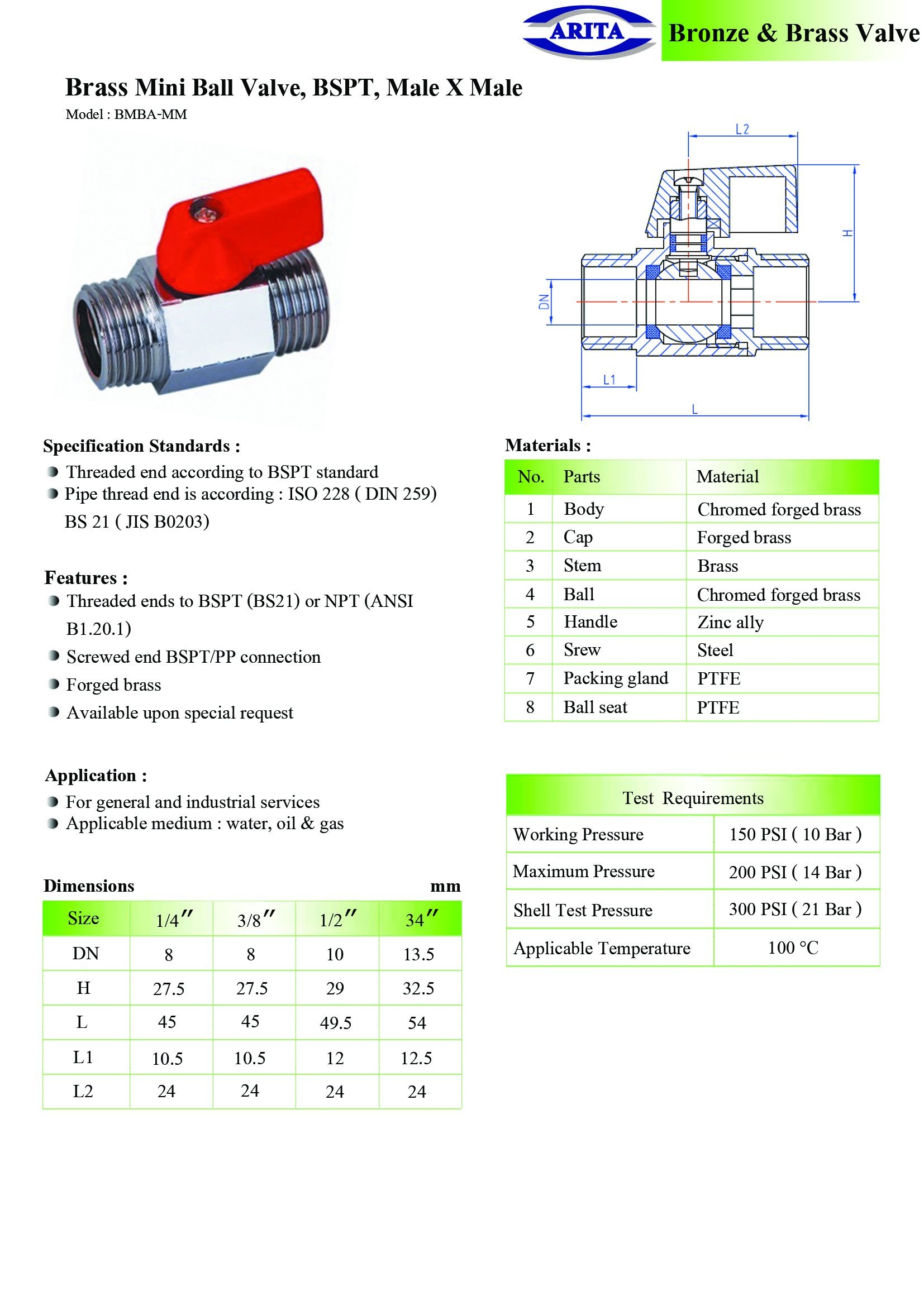 Arita Brass Mini Ball Valve, PN16, MXM (Male x Male)
