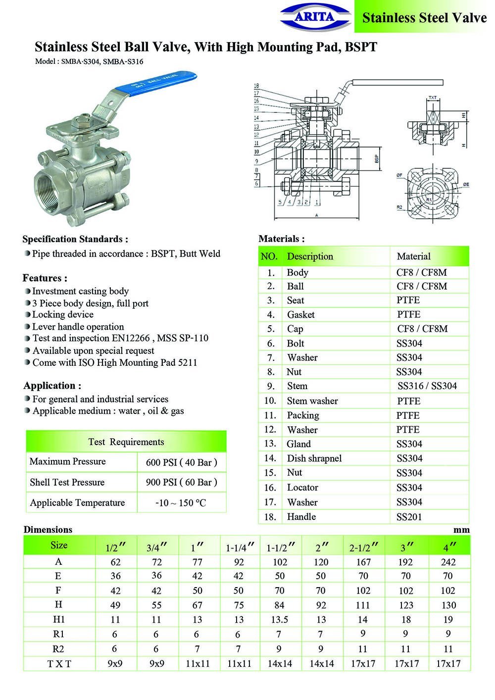 Arita Stainless Steel Ball Valve, With High Mounting Pad, BSPT