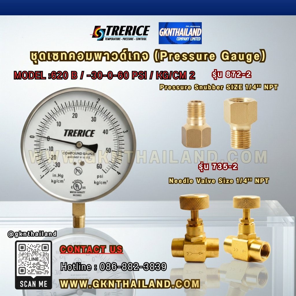 "TRERICE" COMPOUND GAUGE  MODEL : 620B RANGE : 30-0-30 PSI & -60 INHG-4 KG/CM2 & BRASS PRESSURE SNUBBER & BRASS NEEDLE VALVE