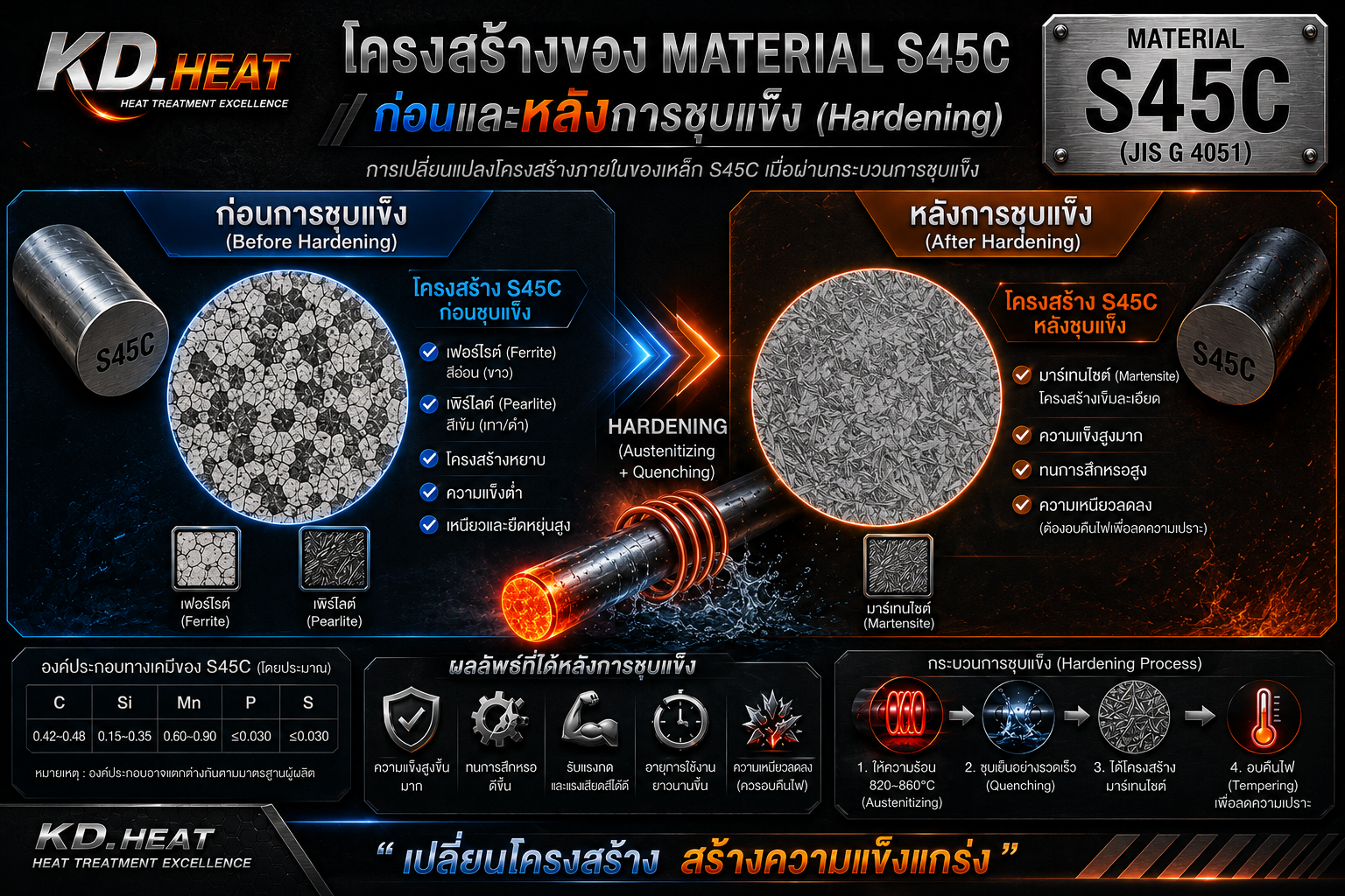  โครงสร้างของเหล็ก S45C ก่อนและหลังการชุบแข็ง แตกต่างกันอย่างไร?