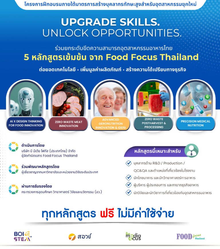 Food Focus Thailand x BOI STEM++ เปิด 5 หลักสูตรอบรมฟรี ยกระดับทักษะการแปรรูปอาหารมูลค่าสูง สู่ความพร้อมของอุตสาหกรรมยุคใหม่