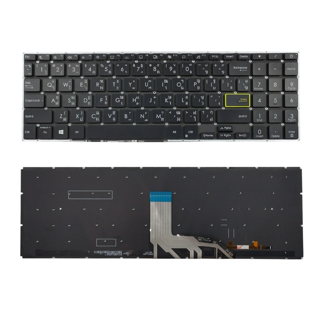 อะไหล่คีย์บอร์ดโน๊ตบุ๊ค ASUS VivoBook M513, M513I, M513IA, M513U, M513UA, S533, X513, D513, F513, K513, R513, E510, L510, M5600IA, Q15, V5050E, 15, 15X, S14, S15, S5600, X521, X531 Layout TH/US QWERTY Black มีไฟ อะไหล่ OEM คุณภาพสูง