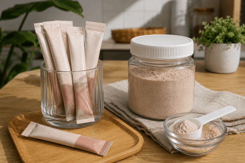 เปรียบเทียบบรรจุภัณฑ์ผงชงดื่มแบบซองยาว (Stick Pack) vs แบบกระปุก (Jar) ในแง่ต้นทุนและการใช้งาน