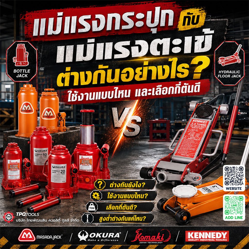 แม่แรงกระปุกกับแม่แรงตะเข้ต่างกันอย่างไร? เปรียบเทียบ Bottle Jack และ Hydraulic Floor Jack วิธีเลือกพิกัดตัน ความสูงและการใช้งาน แม่แรง MASADA, OKURA, KOMAKI และ KENNEDY