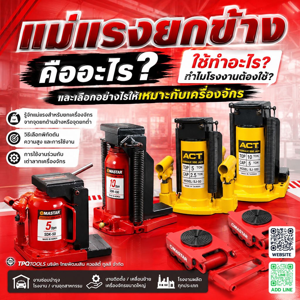 แม่แรงยกข้างคืออะไร ใช้ทำอะไร? รู้จักแม่แรงสำหรับยกเครื่องจักรจากจุดยกด้านข้างหรือจุดยกต่ำ วิธีเลือกพิกัดตัน ความสูง และการใช้งานร่วมกับเต่าลากเครื่องจักร