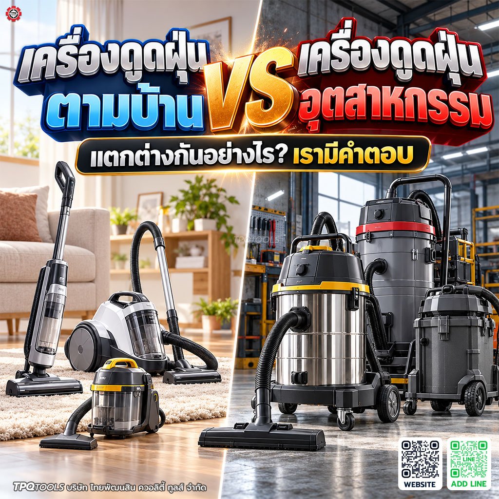 เครื่องดูดฝุ่นตามบ้านกับเครื่องดูดฝุ่นอุตสาหกรรมต่างกันอย่างไร? เปรียบเทียบลักษณะงาน ความจุ ระบบกรอง การดูดฝุ่น-น้ำ และความเหมาะสมกับบ้าน อู่ โรงงาน และงานหนัก