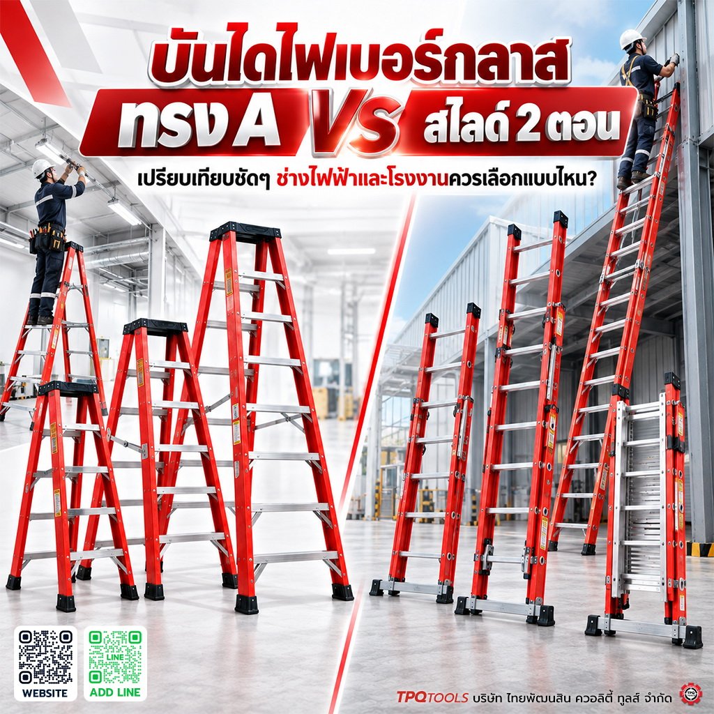 บันไดไฟเบอร์กลาสทรง A กับบันไดไฟเบอร์กลาสสไลด์ 2 ตอน ต่างกันอย่างไร? ช่างไฟฟ้าและโรงงานควรเลือกแบบไหน