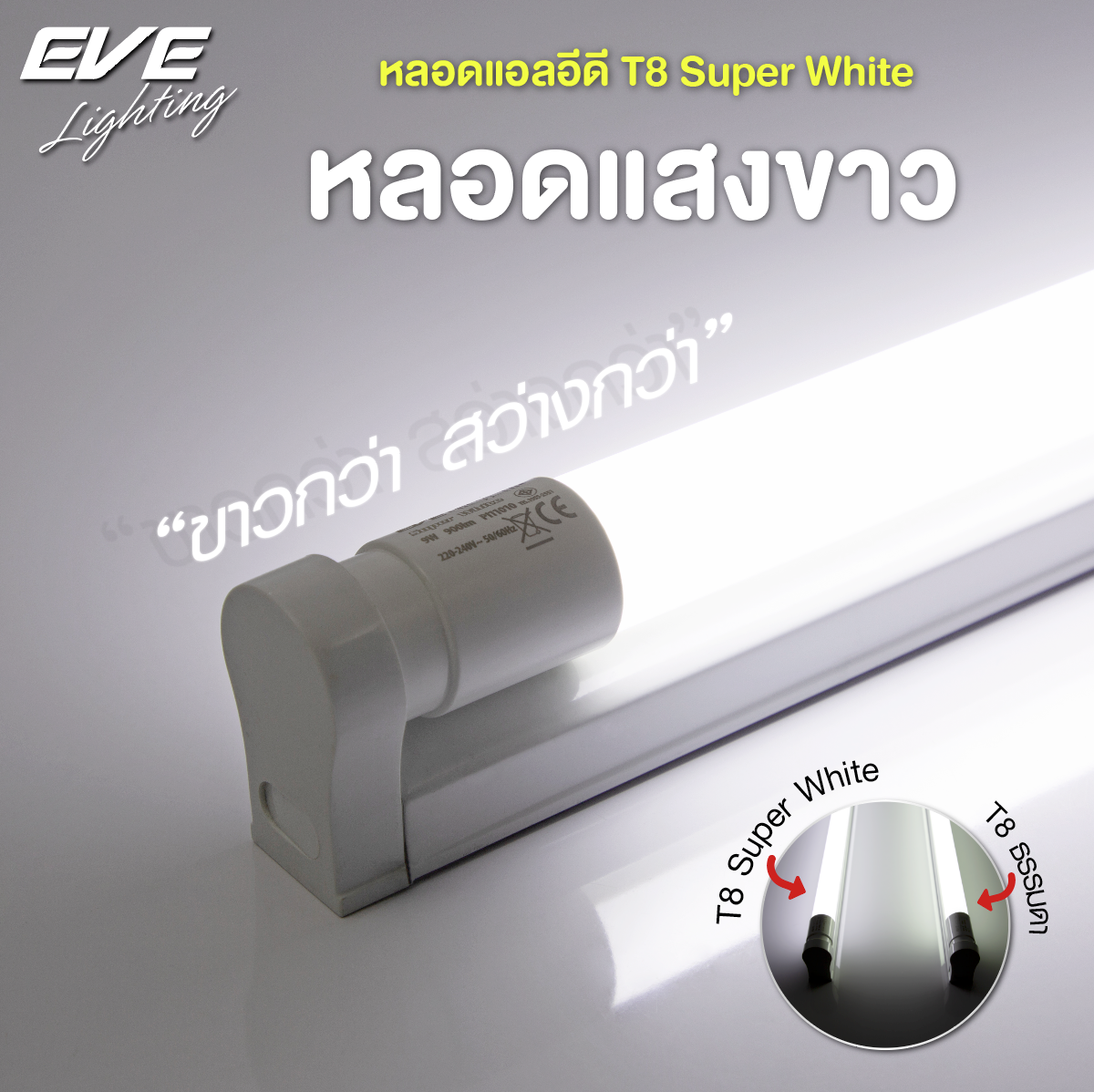 หลอดแอลอีดี T8 ซุปเปอร์ไวท์ แสงขาวกว่าหลอดทั่วไป ชนิดไฟเข้าสองทาง ขนาด 9 วัตต์ และ 18 วัตต์ LED T8 Super White 