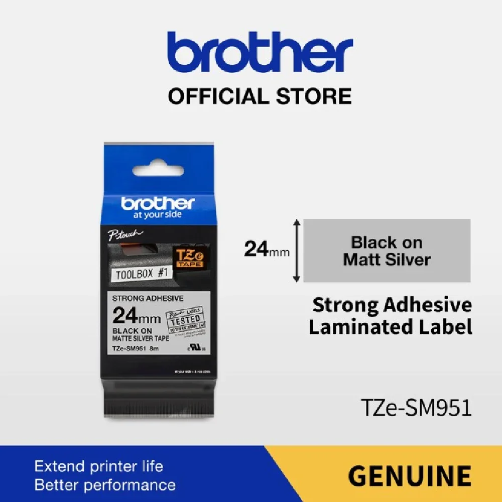 Brother TZE-SM951 เทปพิมพ์อักษรแบบติดแน่นพิเศษ ขนาด 24 มม. (ดำ/เงิน) แบบเคลือบพลาสติก ของแท้ รับประกันศูนย์
