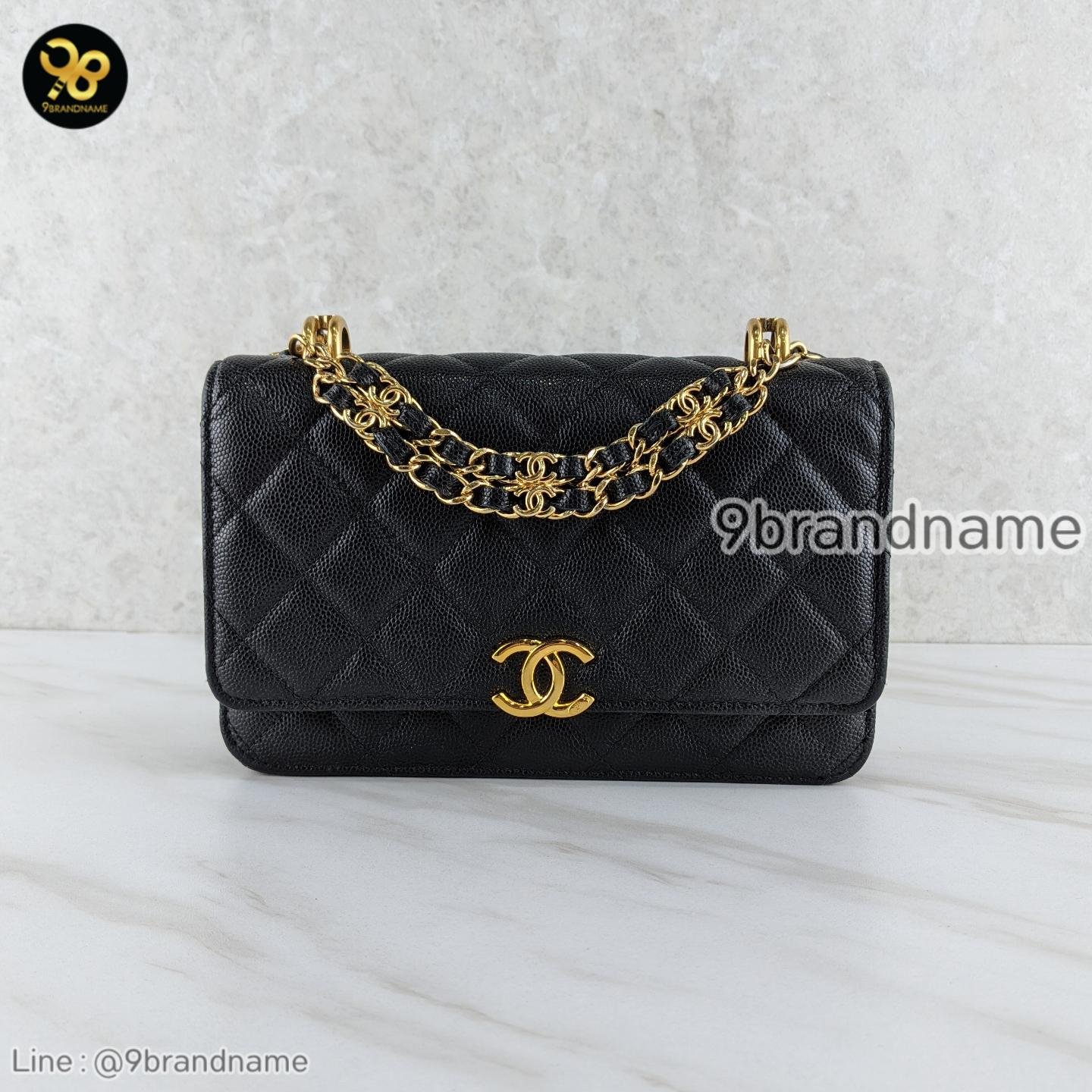 Chanel WOC Large Double Chain Black Grained Calfskin Leather Flap Bag GHW Crossbody Bag 9brandname
