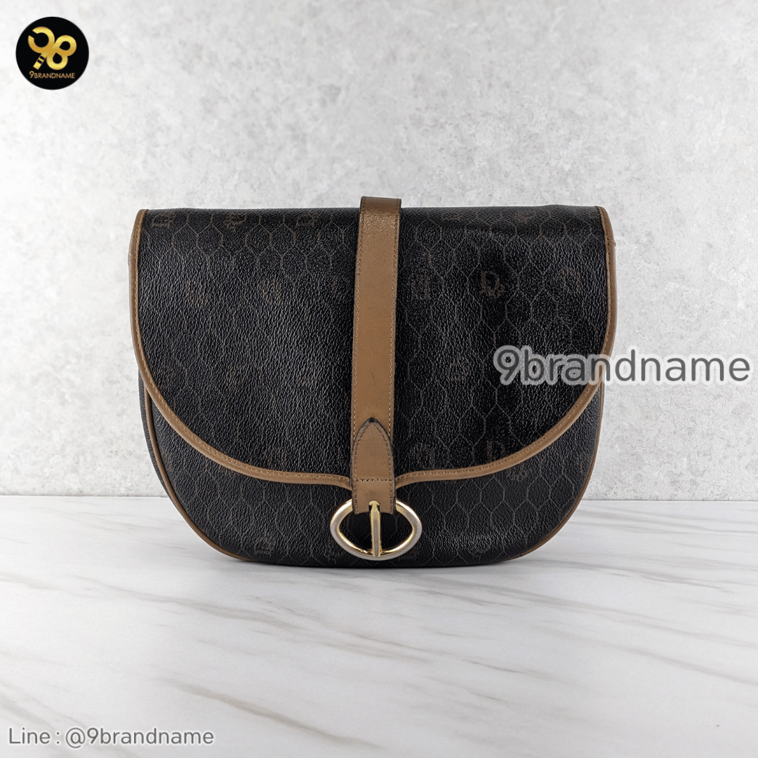 Christian Dior Halfmoon Flap Crossbody in Black/Tan Honeycomb Coated Canvas Vintage GHW