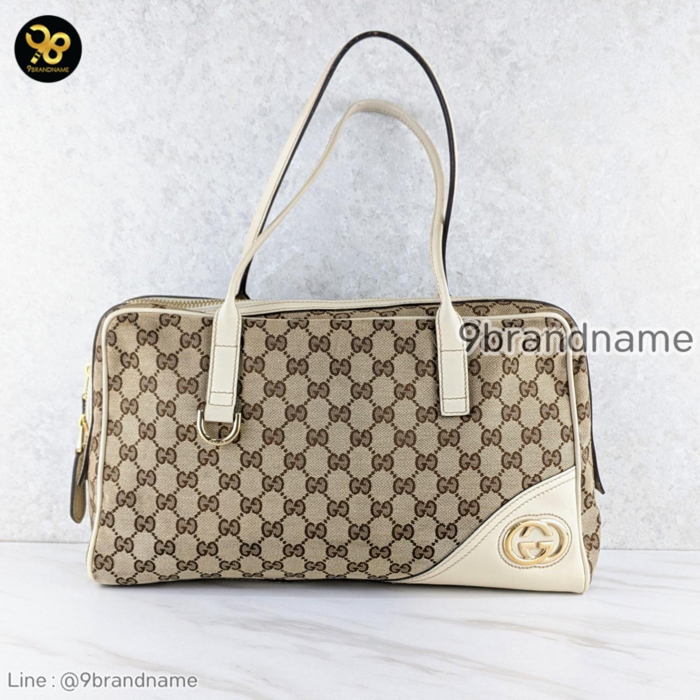 Gucci 169971 GG Canvas Shoulder Boston Handbag Beige White