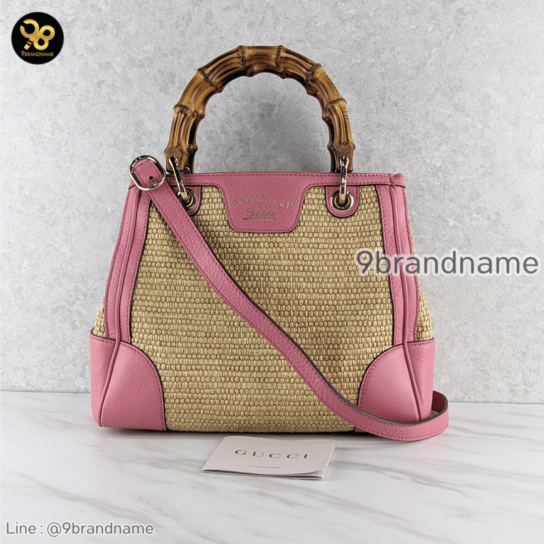 Gucci Bamboo Small Shopper Handbag Shoulder Bag Straw Leather Natural Pink