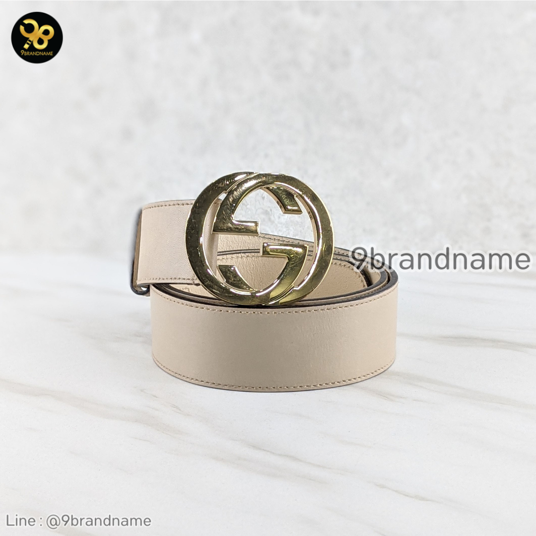 Gucci Belt GG Cream Leather Gold Interlocking G Buckle Belt