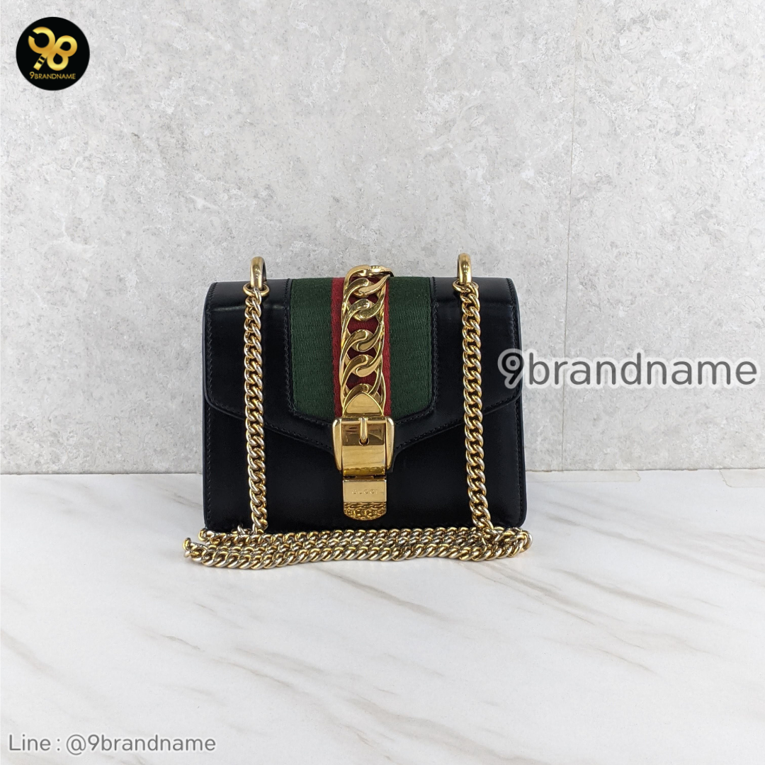 Gucci Black Leather Mini Web Chain Sylvie Shoulder Bag