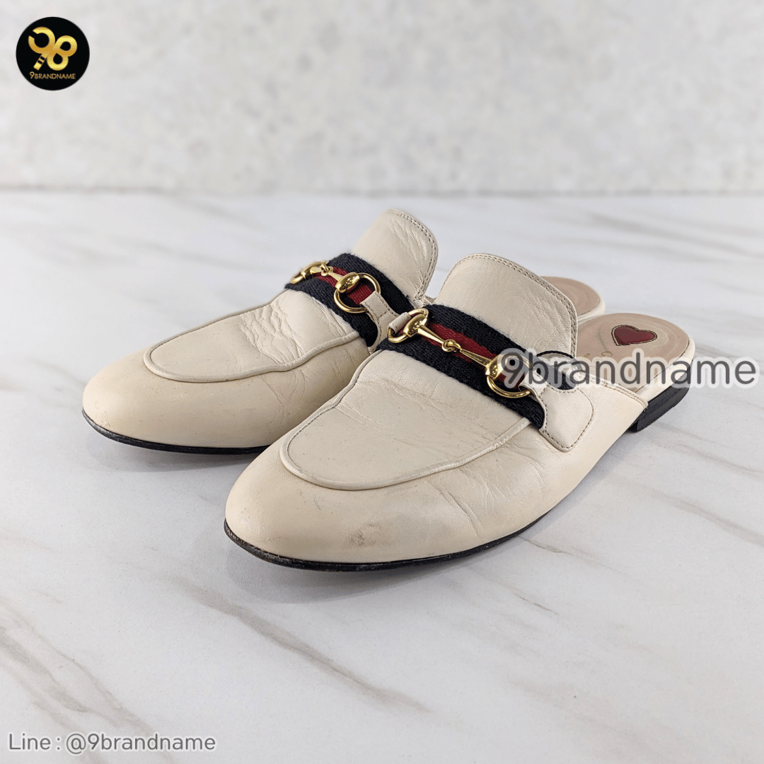 Gucci Princetown White Leather Horse Bit Slipper Mule Slide Loafer Women's