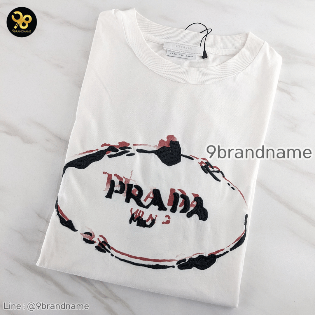 Prada Logo Embroidered T-Shirt Short Sleeve Crew Neck Cotton