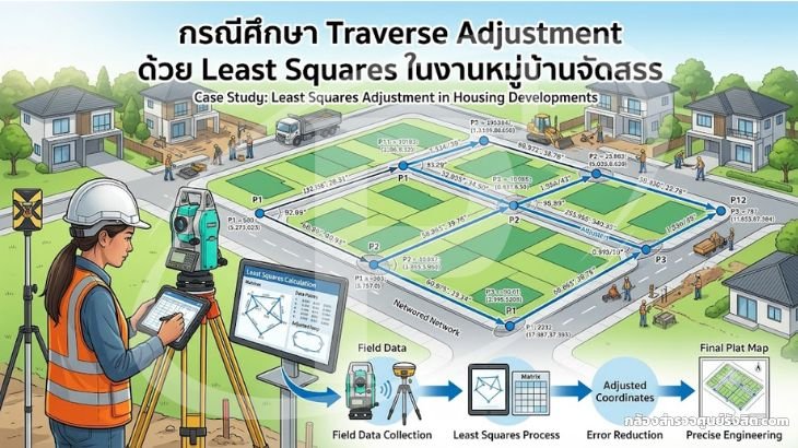 กรณีศึกษา Traverse Adjustment ด้วย Least Squares ในงานหมู่บ้านจัดสรร