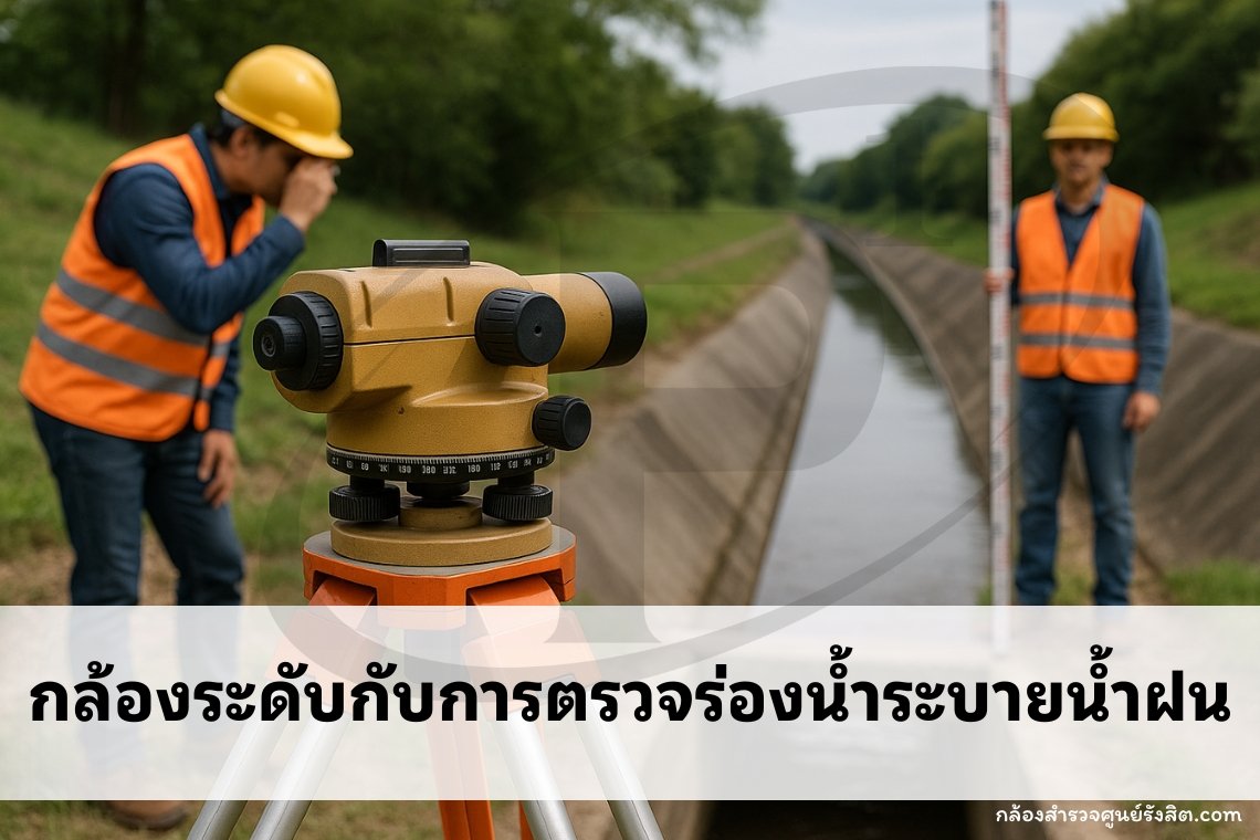 การใช้ กล้องระดับ (Auto Level) ตรวจสอบ ร่องน้ำระบายน้ำฝน