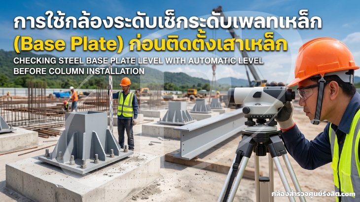 การใช้กล้องระดับเช็กระดับเพลทเหล็ก (Base Plate) ก่อนติดตั้งเสาเหล็ก