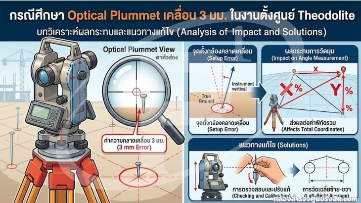 กรณีศึกษา Optical Plummet เคลื่อน 3 มม. ในงานตั้งศูนย์ Theodolite