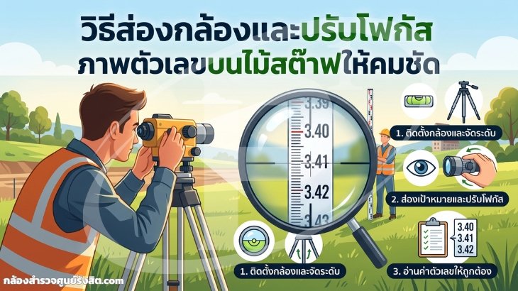 วิธีส่องกล้องและปรับโฟกัสภาพตัวเลขบนไม้สต๊าฟให้คมชัด