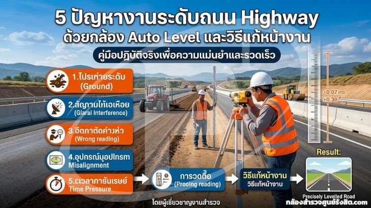 5 ปัญหางานระดับถนน Highway ด้วยกล้อง Auto Level และวิธีแก้หน้างาน
