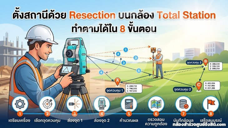 ตั้งสถานีด้วย Resection บนกล้อง Total Station ทำตามได้ใน 8 ขั้นตอน