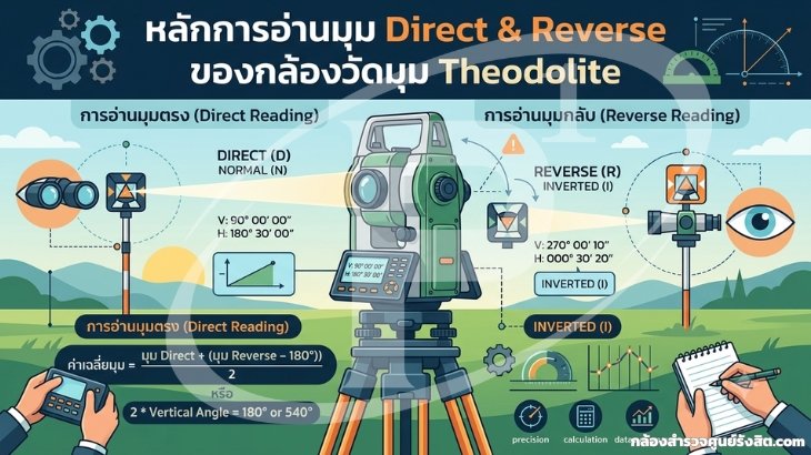 หลักการอ่านมุม Direct & Reverse ของกล้องวัดมุม Theodolite