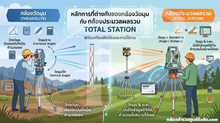 หลักการที่ต่างกันของกล้องวัดมุมกับกล้องประมวลผลรวม Total Station
