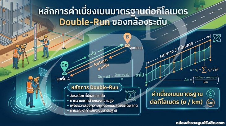 หลักการค่าเบี่ยงเบนมาตรฐานต่อกิโลเมตร Double-Run ของกล้องระดับ