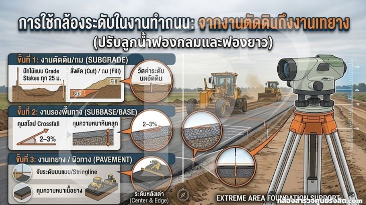 การใช้กล้องระดับในงานทำถนน จากงานตัดดินถึงงานเทยาง