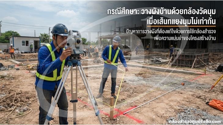 กรณีศึกษา: วางผังบ้านด้วยกล้องวัดมุม เมื่อเส้นทแยงมุมไม่เท่ากัน