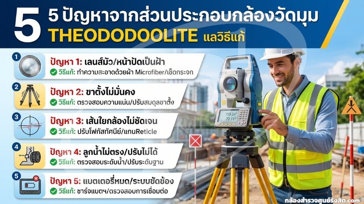 5 ปัญหาจากส่วนประกอบกล้องวัดมุม Theodolite และวิธีแก้