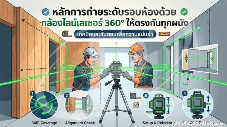 หลักการถ่ายระดับรอบห้องด้วยกล้องไลน์เลเซอร์ 360° ให้ตรงกันทุกผนัง