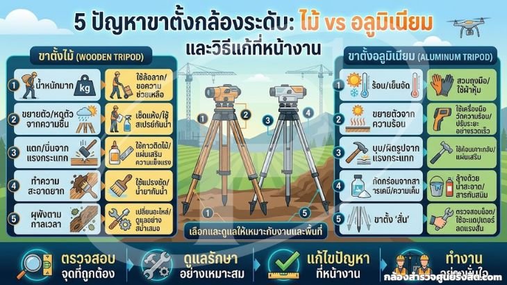 5 ปัญหาขาตั้งกล้องระดับ ไม้ vs อลูมิเนียม และวิธีแก้ที่หน้างาน