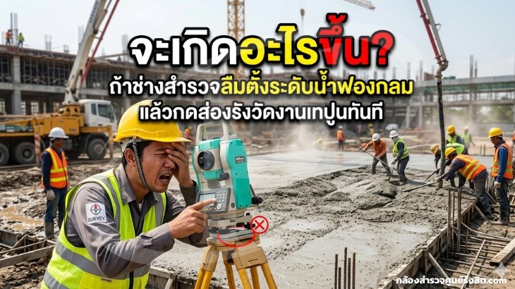 ถ้าช่างสำรวจลืมตั้งระดับน้ำฟองกลม แล้วกดส่องรังวัดงานเทปูนทันที