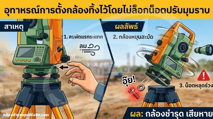 อุทาหรณ์การตั้งกล้องทิ้งไว้โดยไม่ล็อกน็อตปรับมุมราบ ผลลัพธ์คือกล้องหมุนสะบัดตามแรงลมจนน็อตหลุดร่วง